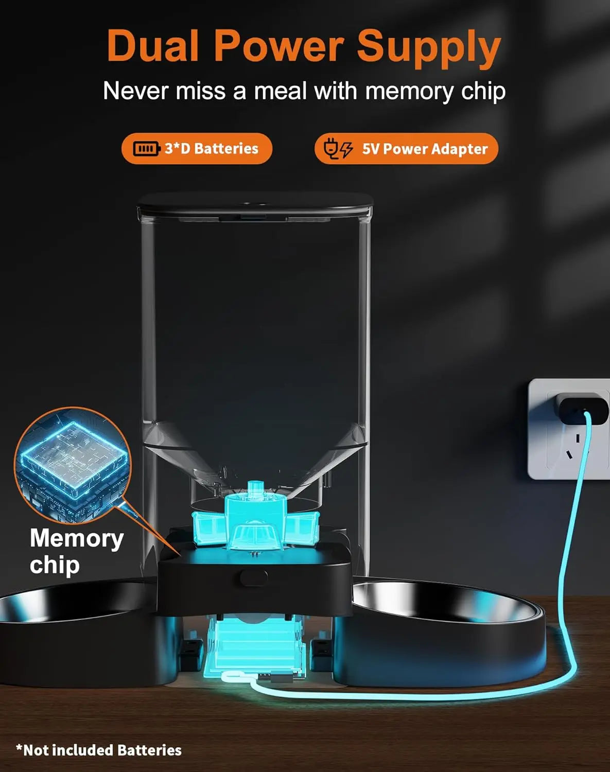 5L Automatic Cat Feeder for Two Cats, WiFi Smart Pet Dispenser with App Control, Dual Power, Stainless Steel Bowl