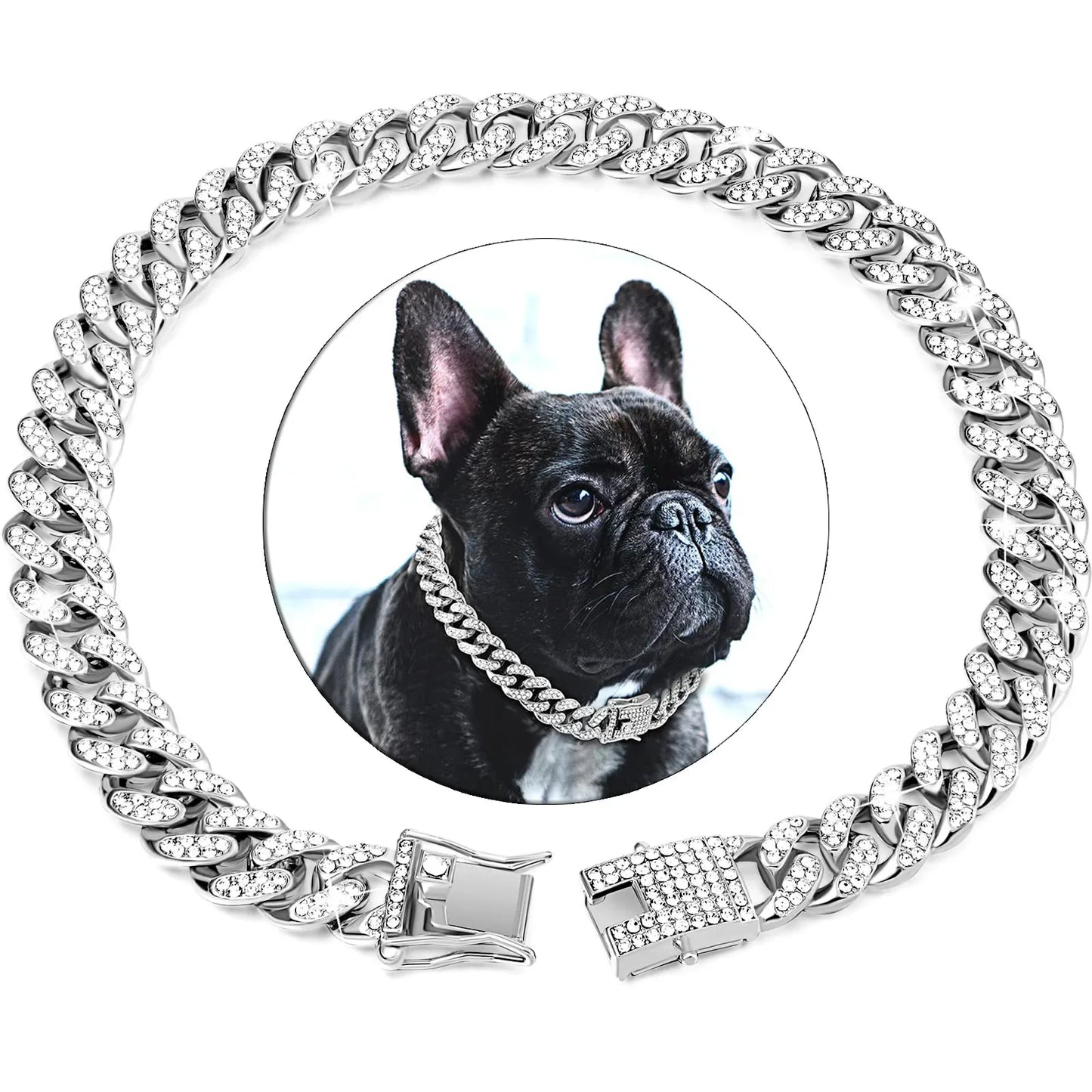 Dog or Cat Chain, Diamond Cuban Collar, Metal Chain Collar with Design Secure Buckle
