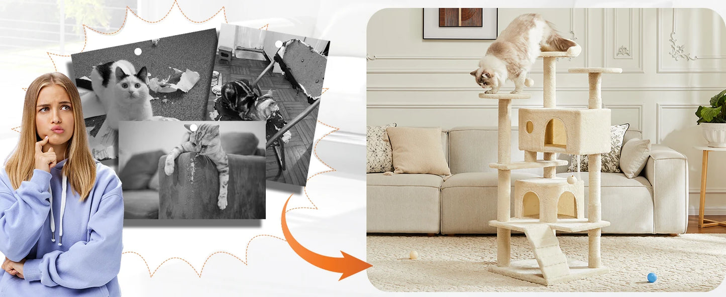 54in Tall Multi-Level Cat Tree Tower for Indoor Pet Furniture Stable Kitty Play House with Sisal Scratching Post