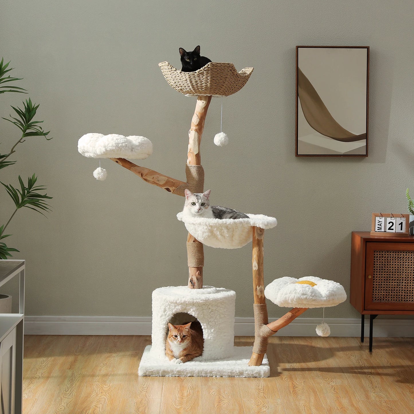 Solid Wood Cat Tree Modern Cat Tower with Spacious Cat Condo,Flower Perches,Fun Pompoms
