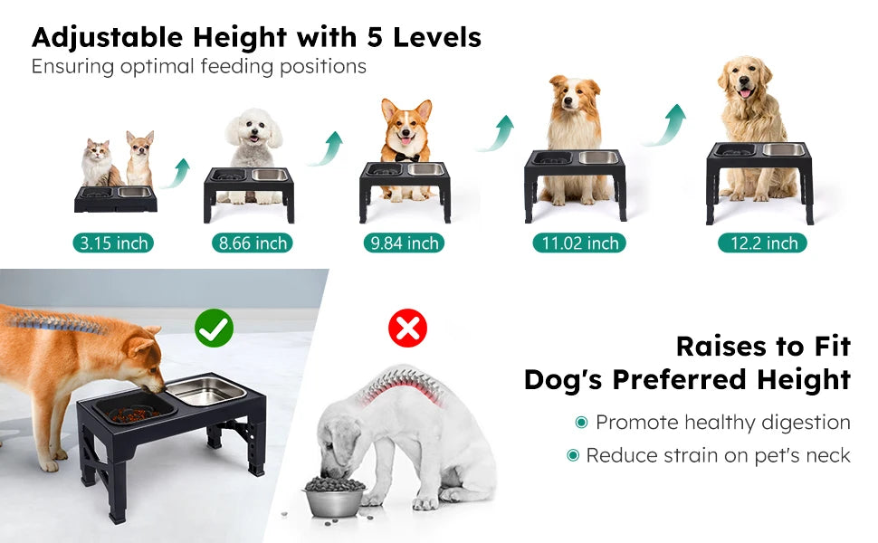 2-in-1 Elevated Slow Feeder Dog Bowls, Non-Slip Stainless Steel/Plastic/ Pet Food & Water Bowls with Foldable Stand