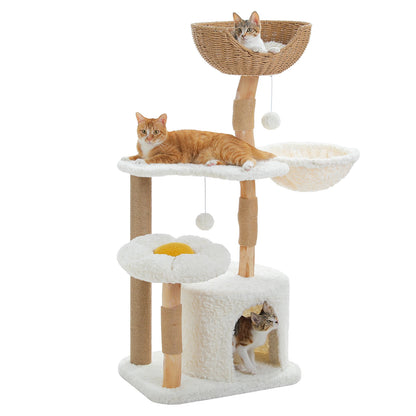 Solid Wood Cat Tree Modern Cat Tower with Spacious Cat Condo,Flower Perches,Fun Pompoms