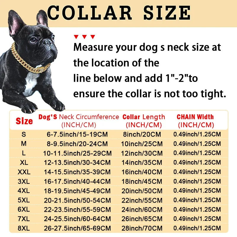 Dog or Cat Chain, Diamond Cuban Collar, Metal Chain Collar with Design Secure Buckle