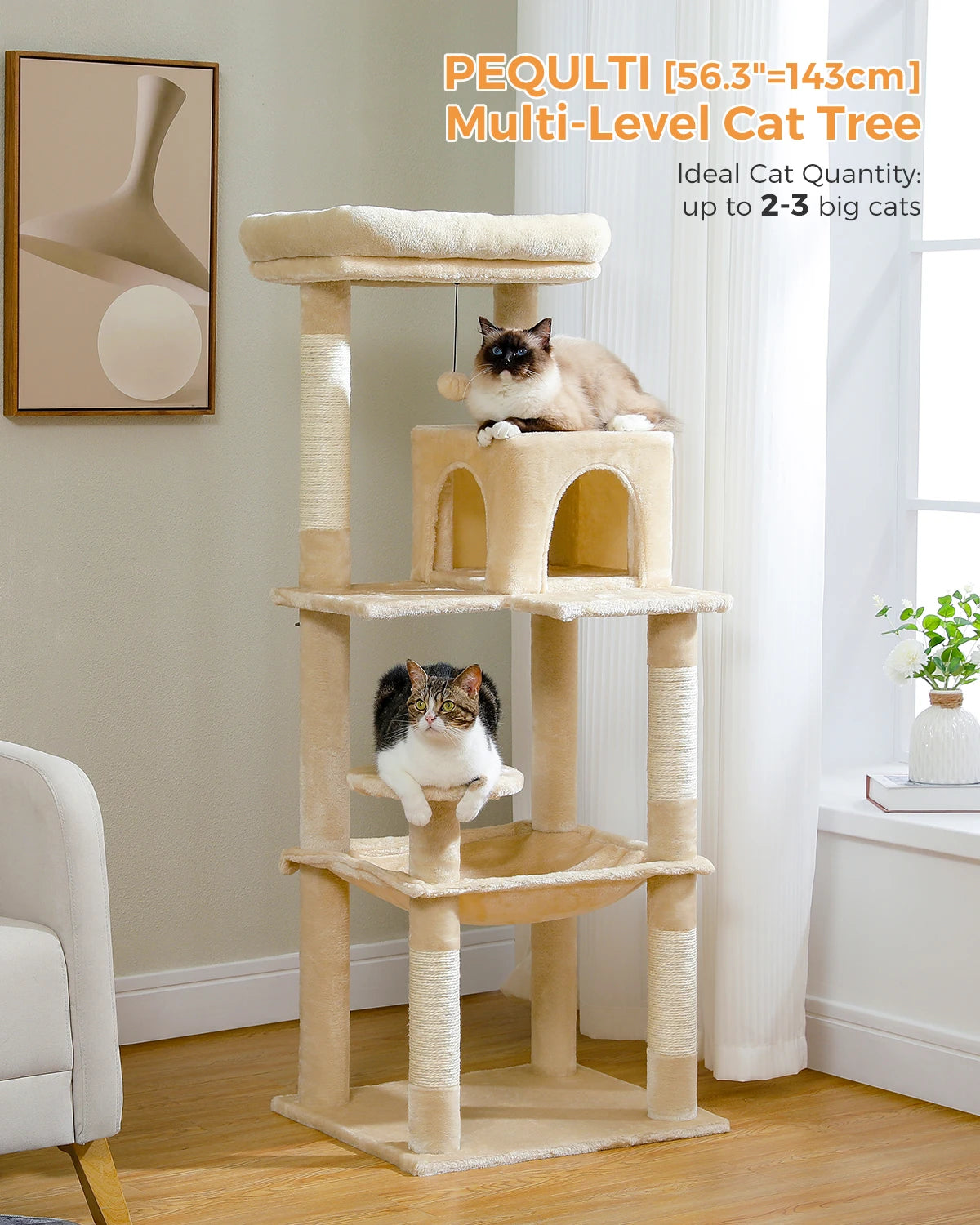 Cat Tree for Indoor Cats 5-Level Cat Tower for Large Cats with Large Hammock Sisal Covered Scratching Posts
