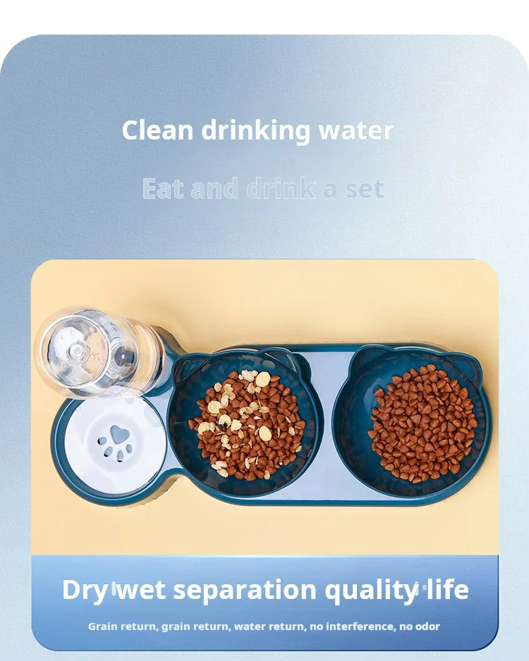 Pet Bowls With Water Feeder, 3 In 1 Ear Design Tilted Cat Water And Food Bowl Set With Gravity Water Bottle