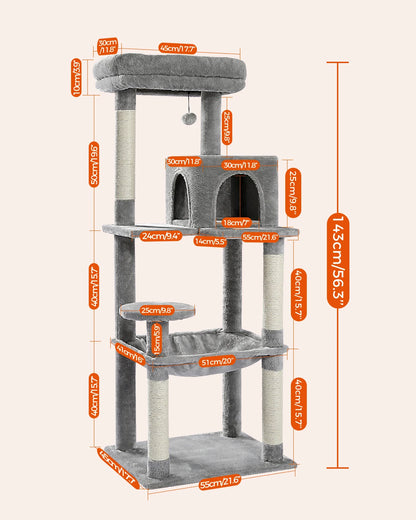 Cat Tree for Indoor Cats 5-Level Cat Tower for Large Cats with Large Hammock Sisal Covered Scratching Posts