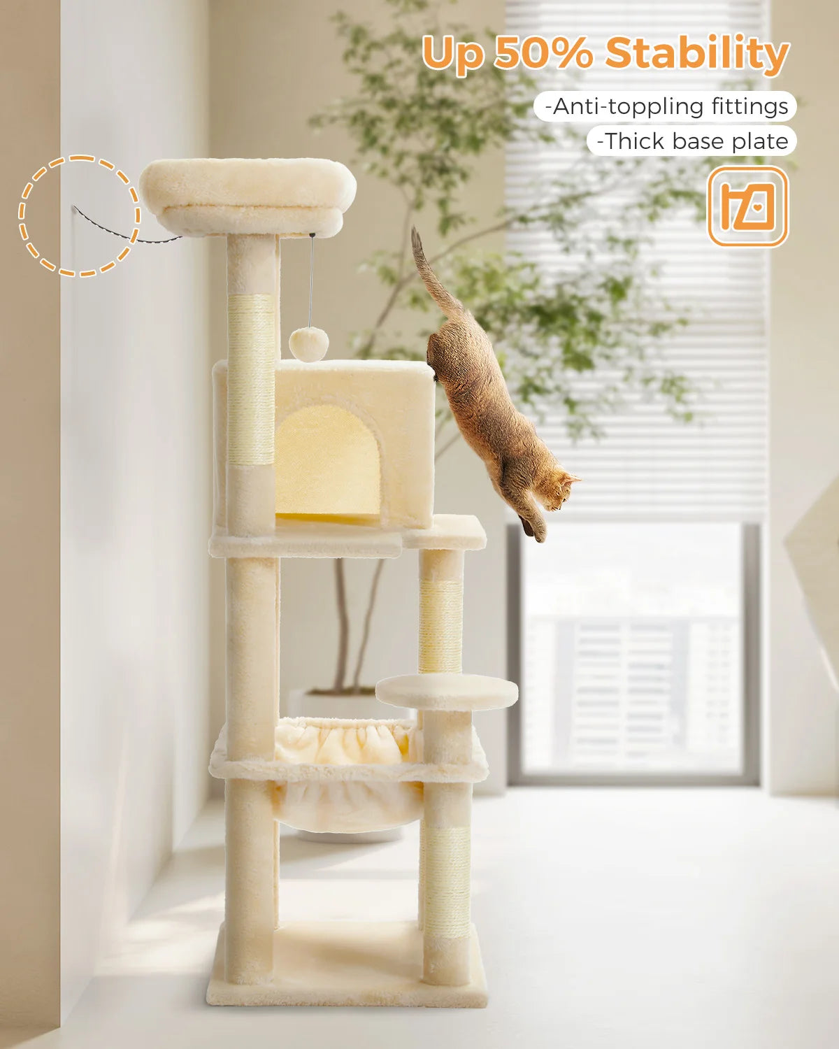 Cat Tree for Indoor Cats 5-Level Cat Tower for Large Cats with Large Hammock Sisal Covered Scratching Posts