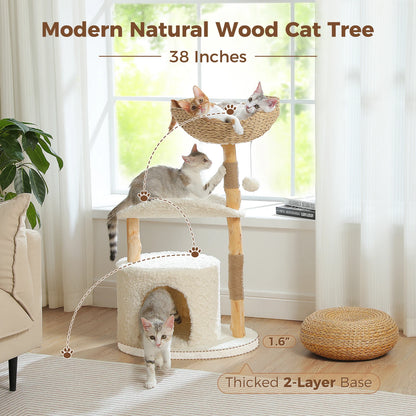 Solid Wood Cat Tree Modern Cat Tower with Spacious Cat Condo,Flower Perches,Fun Pompoms