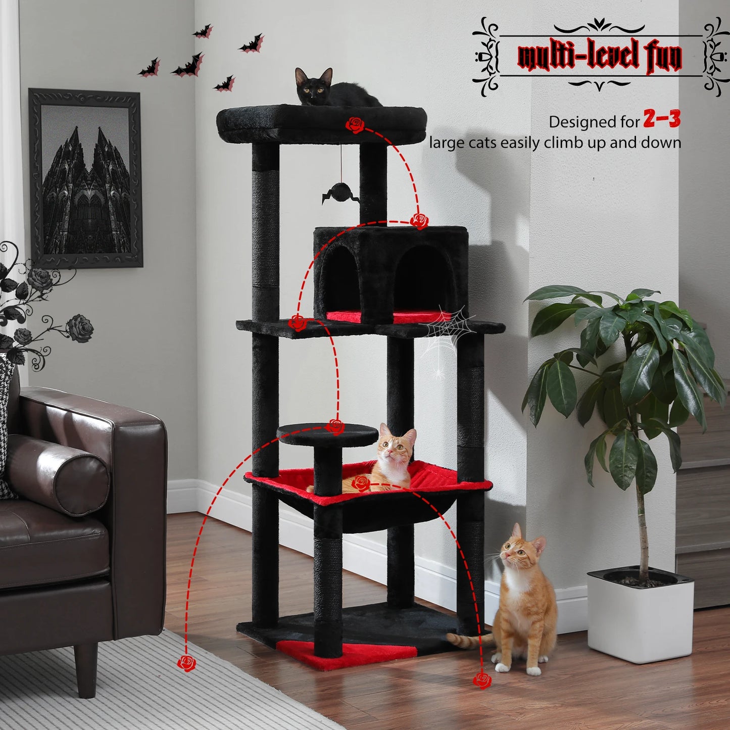 Cat Tree for Indoor Cats 5-Level Cat Tower for Large Cats with Large Hammock Sisal Covered Scratching Posts