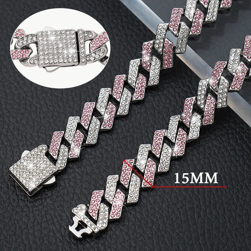 Dog or Cat Chain, Diamond Cuban Collar, Metal Chain Collar with Design Secure Buckle