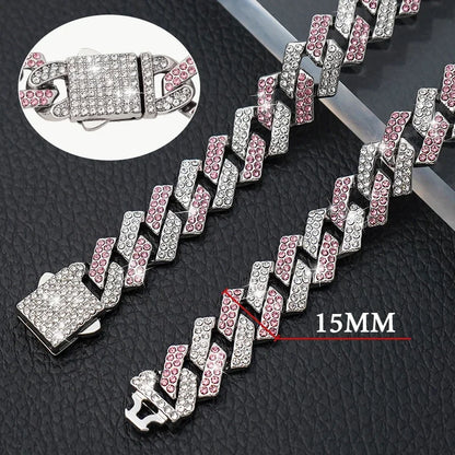 Dog or Cat Chain, Diamond Cuban Collar, Metal Chain Collar with Design Secure Buckle