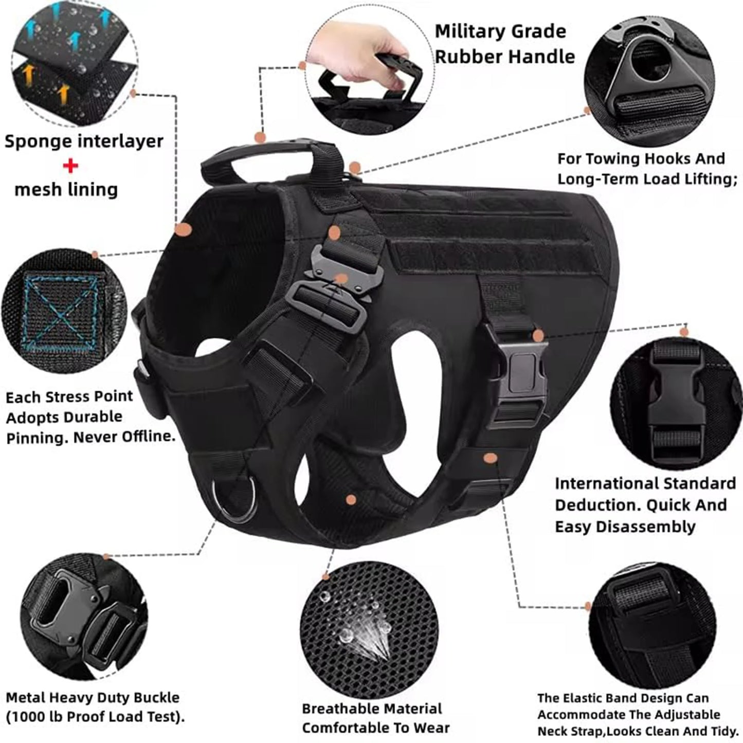 Tactical Dog Harness Collar/Harness and Leash Molle Pouches For Medium Large & Dogs