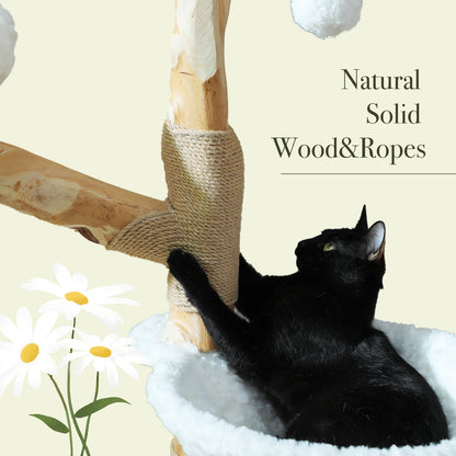 Solid Wood Cat Tree Modern Cat Tower with Spacious Cat Condo,Flower Perches,Fun Pompoms