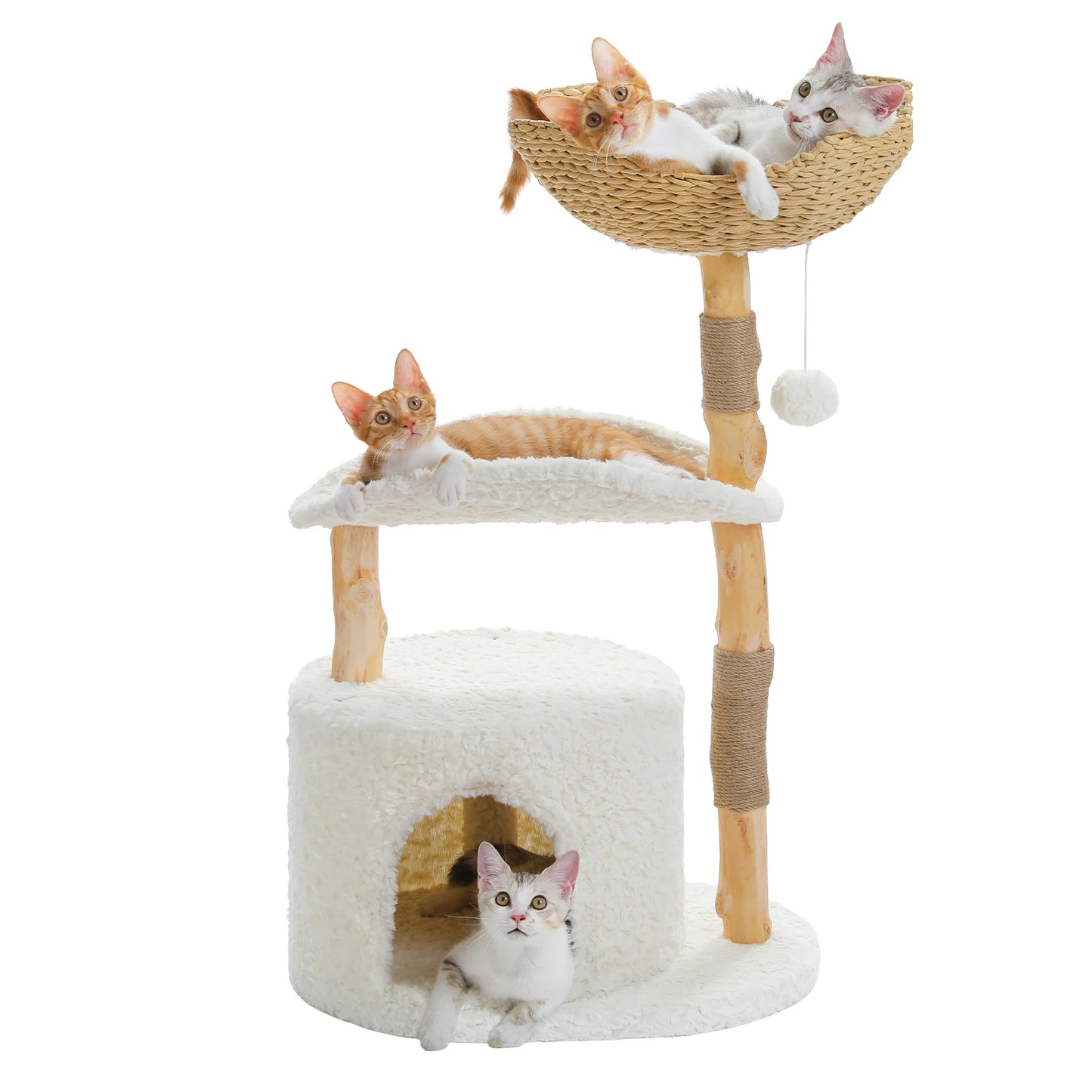 Solid Wood Cat Tree Modern Cat Tower with Spacious Cat Condo,Flower Perches,Fun Pompoms