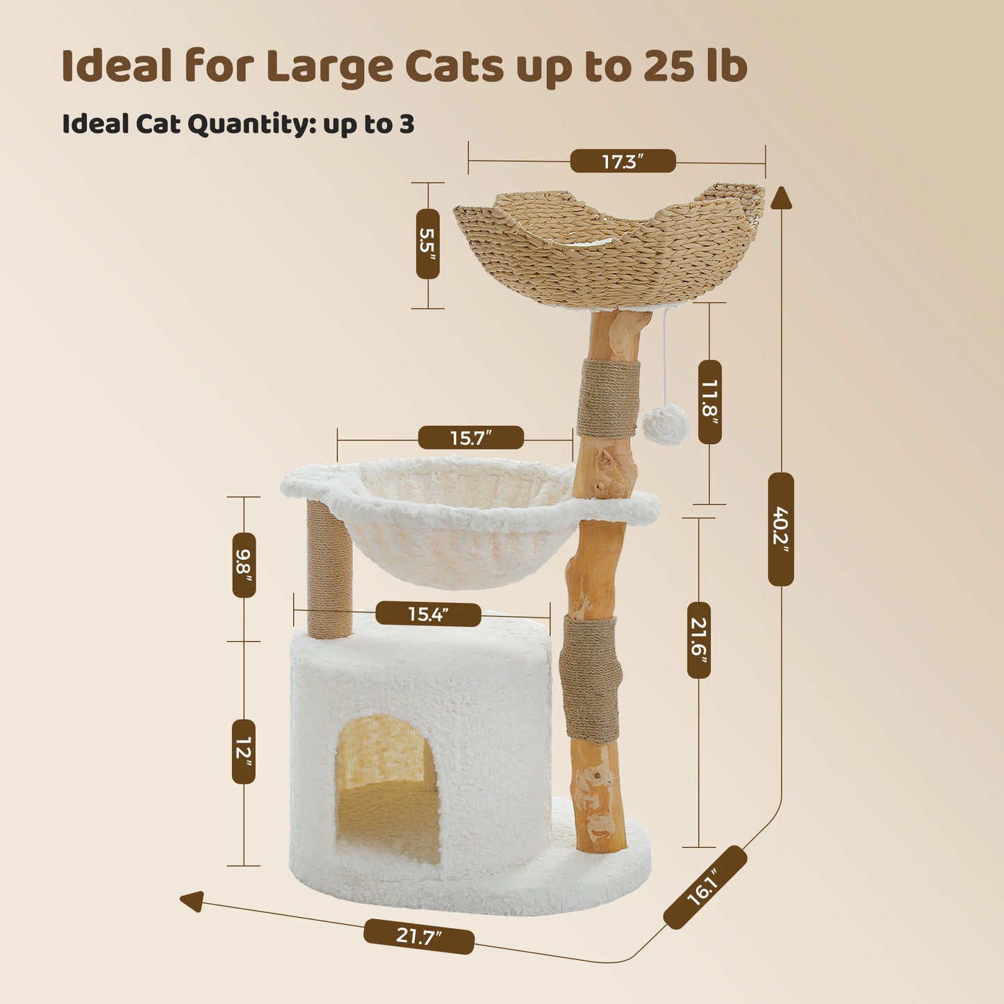 Solid Wood Cat Tree Modern Cat Tower with Spacious Cat Condo,Flower Perches,Fun Pompoms
