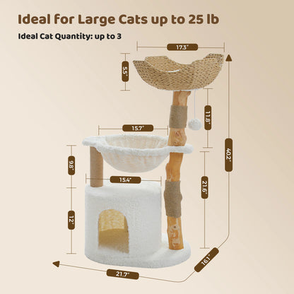 Solid Wood Cat Tree Modern Cat Tower with Spacious Cat Condo,Flower Perches,Fun Pompoms