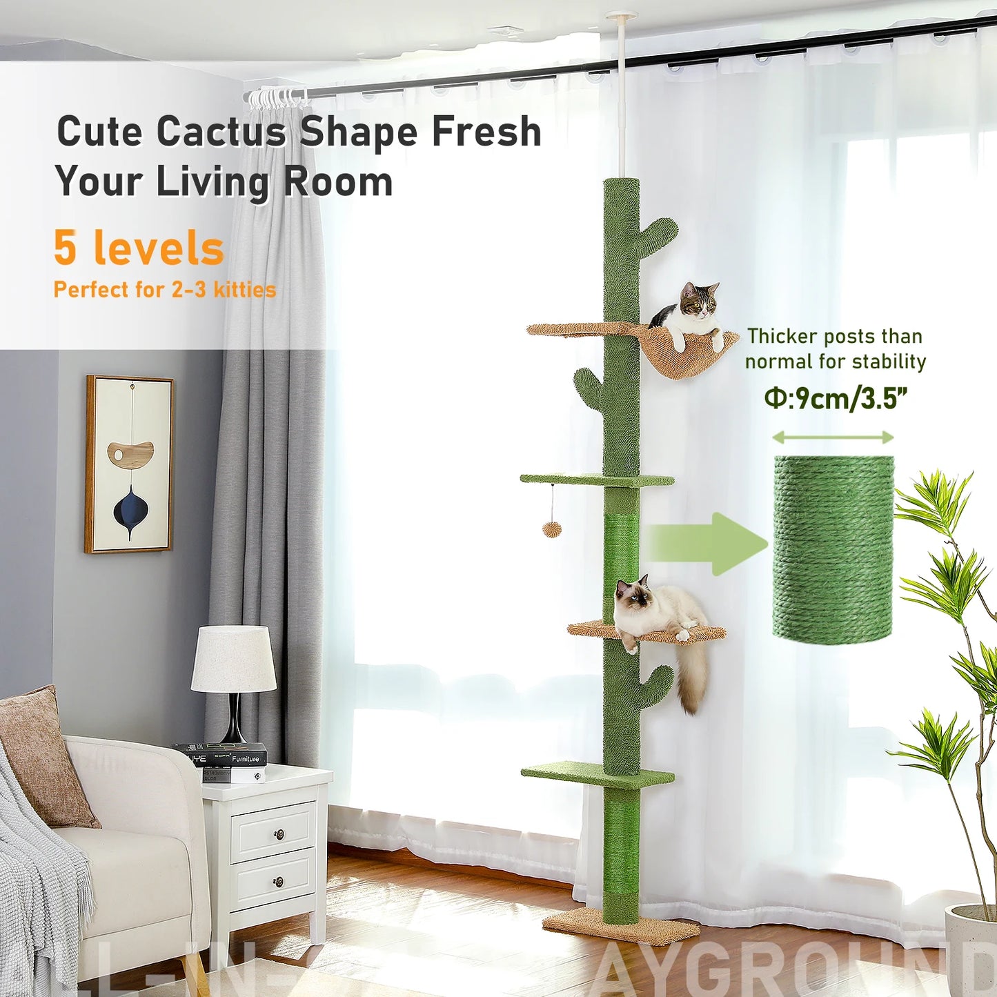 Cat Tree 5-Tier Floor to Ceiling Cat Tower Cactus Tall Climbing Tree with Scratching Post Hammock Dangling Ball