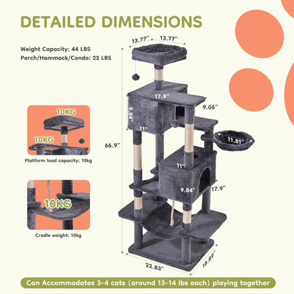 Cat Tree Tower 66 Inch Large Multi Level Cat Climbing Tower with Condo Natural Sisal Scratching Posts