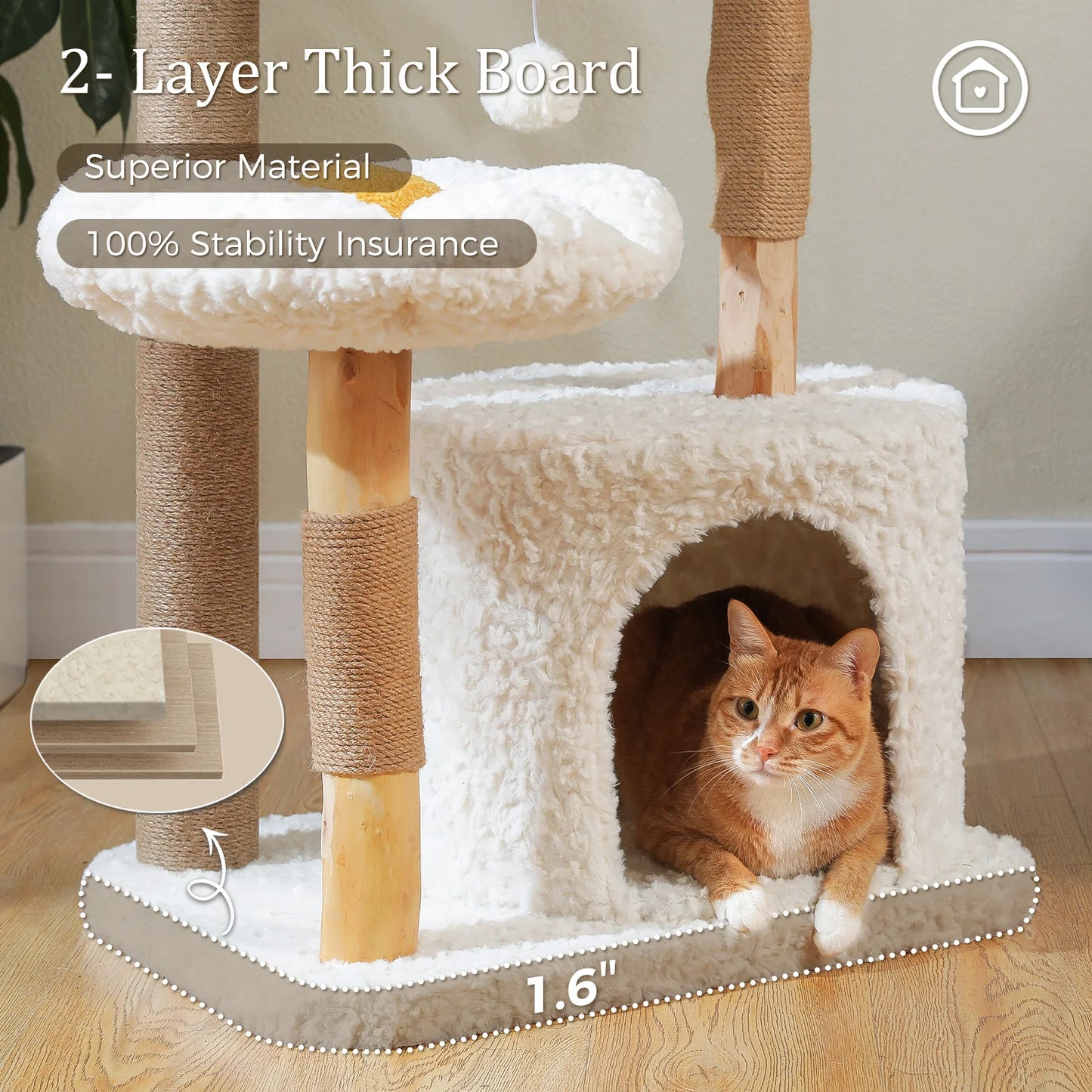 Solid Wood Cat Tree Modern Cat Tower with Spacious Cat Condo,Flower Perches,Fun Pompoms