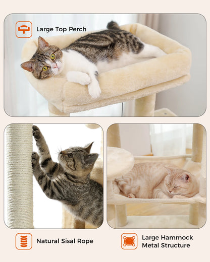 Cat Tree for Indoor Cats 5-Level Cat Tower for Large Cats with Large Hammock Sisal Covered Scratching Posts