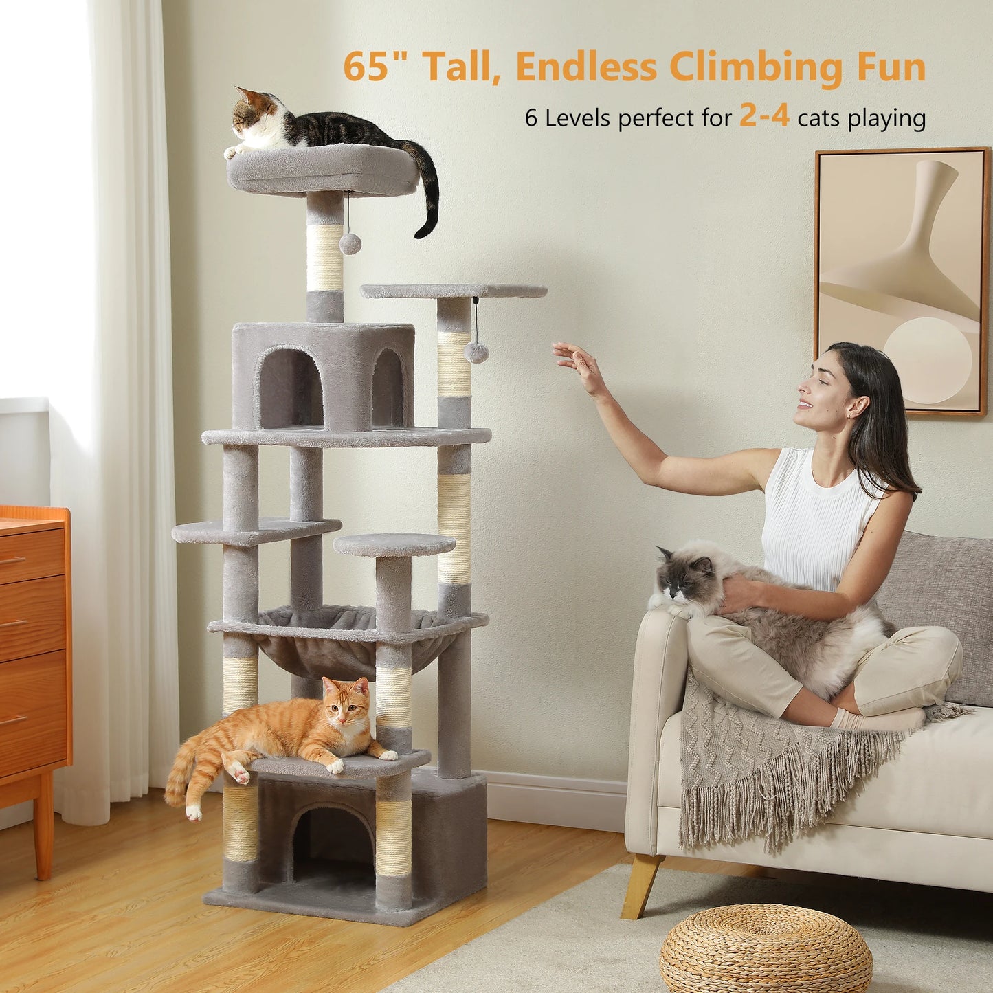 Large Cat Tree and Tower for Indoor Cats With Sisal-Covered Scratching Posts Spacious Hammock Padded Perches and Condos