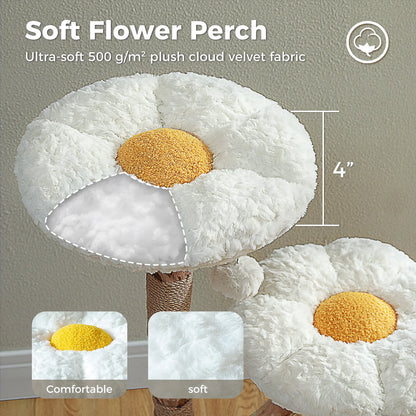 Solid Wood Cat Tree Modern Cat Tower with Spacious Cat Condo,Flower Perches,Fun Pompoms