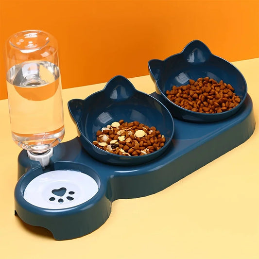Pet Bowls With Water Feeder, 3 In 1 Ear Design Tilted Cat Water And Food Bowl Set With Gravity Water Bottle
