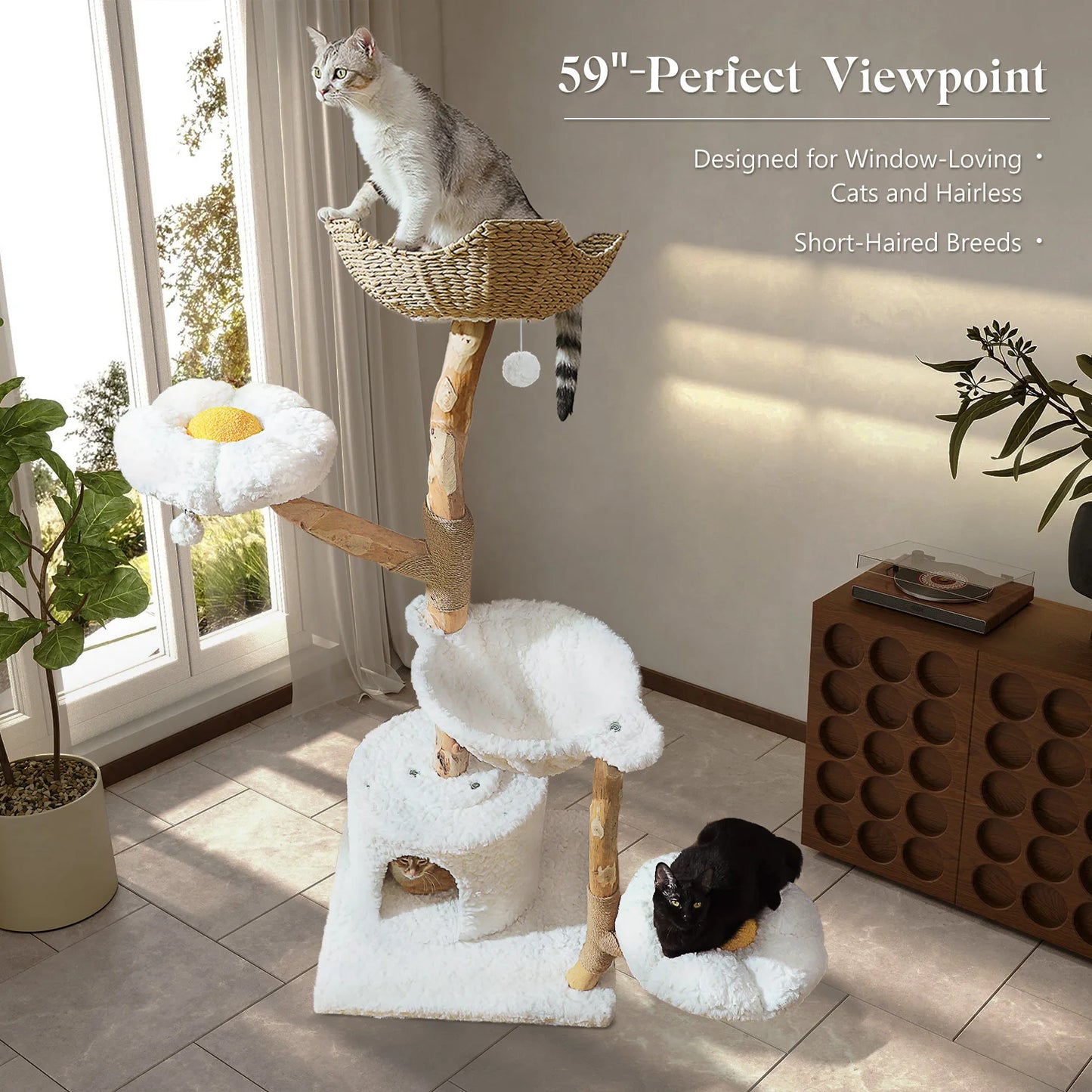 Solid Wood Cat Tree Modern Cat Tower with Spacious Cat Condo,Flower Perches,Fun Pompoms