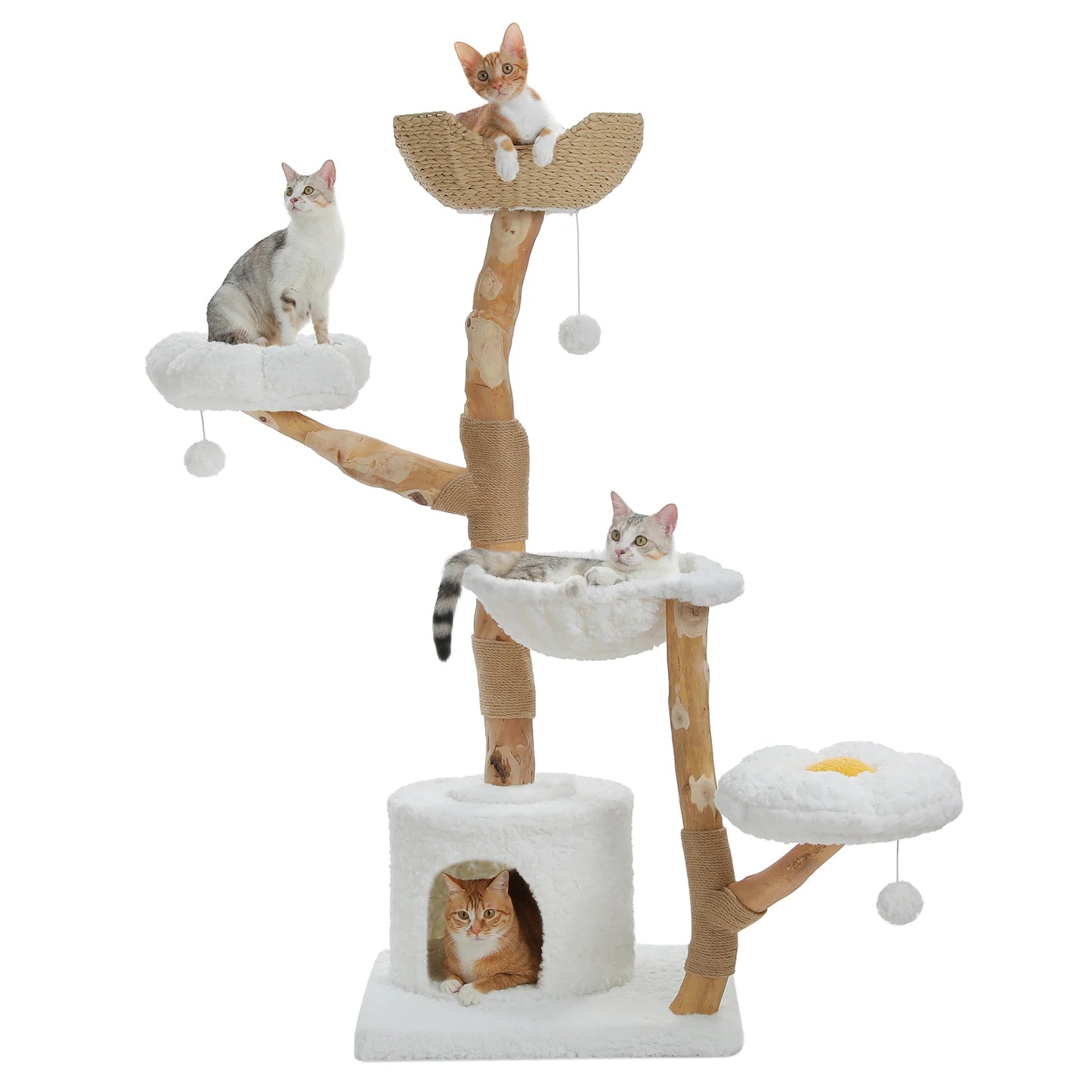 Solid Wood Cat Tree Modern Cat Tower with Spacious Cat Condo,Flower Perches,Fun Pompoms