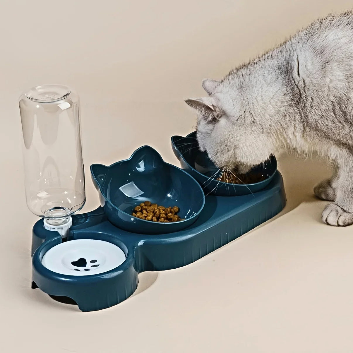 Pet Bowls With Water Feeder, 3 In 1 Ear Design Tilted Cat Water And Food Bowl Set With Gravity Water Bottle