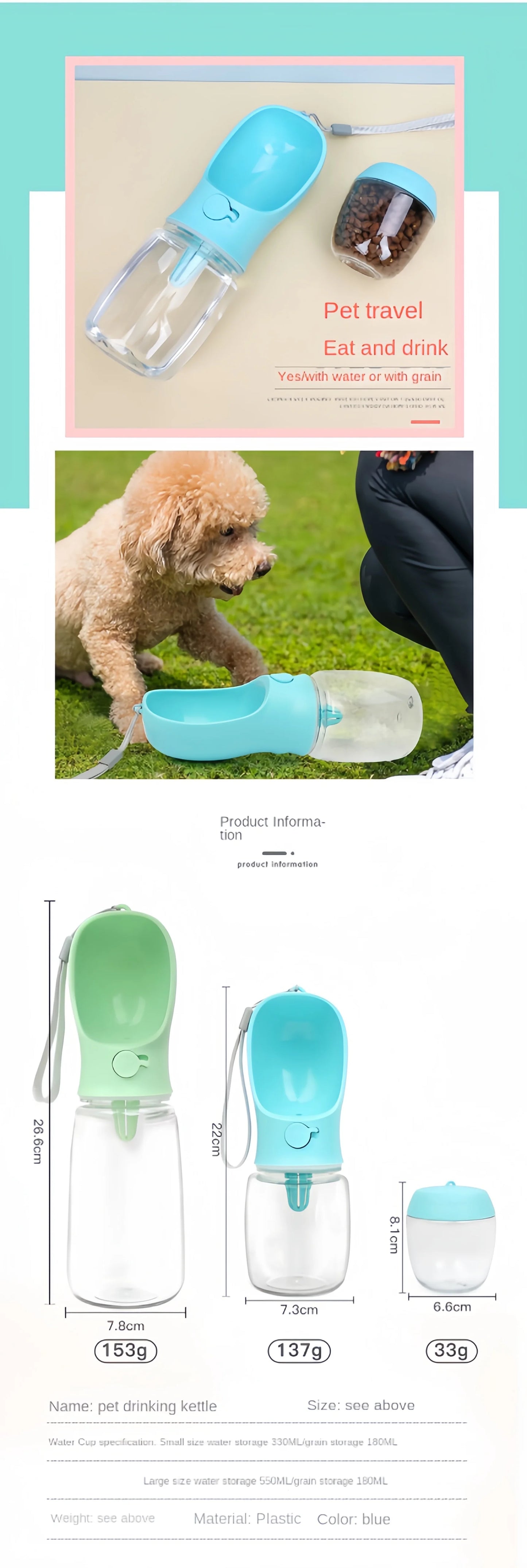 Portable Dog & Cat Water Bottle with Storage Food and Water Container for Travel