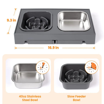 2-in-1 Elevated Slow Feeder Dog Bowls, Non-Slip Stainless Steel/Plastic/ Pet Food & Water Bowls with Foldable Stand