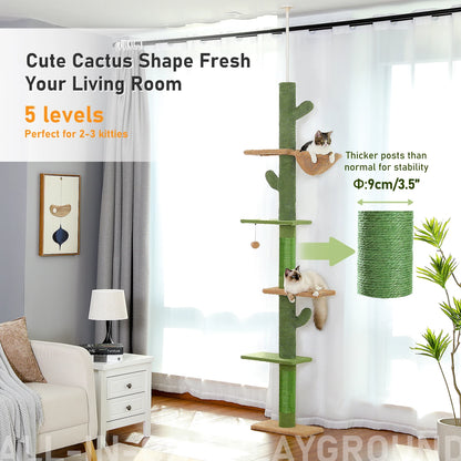 Cat Tree 5-Tier Floor to Ceiling Cat Tower Cactus Tall Climbing Tree with Scratching Post Hammock Dangling Ball