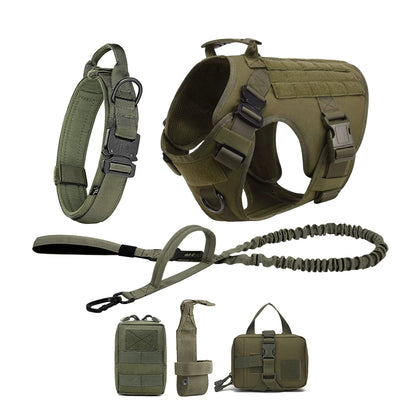 Tactical Dog Harness Collar/Harness and Leash Molle Pouches For Medium Large & Dogs