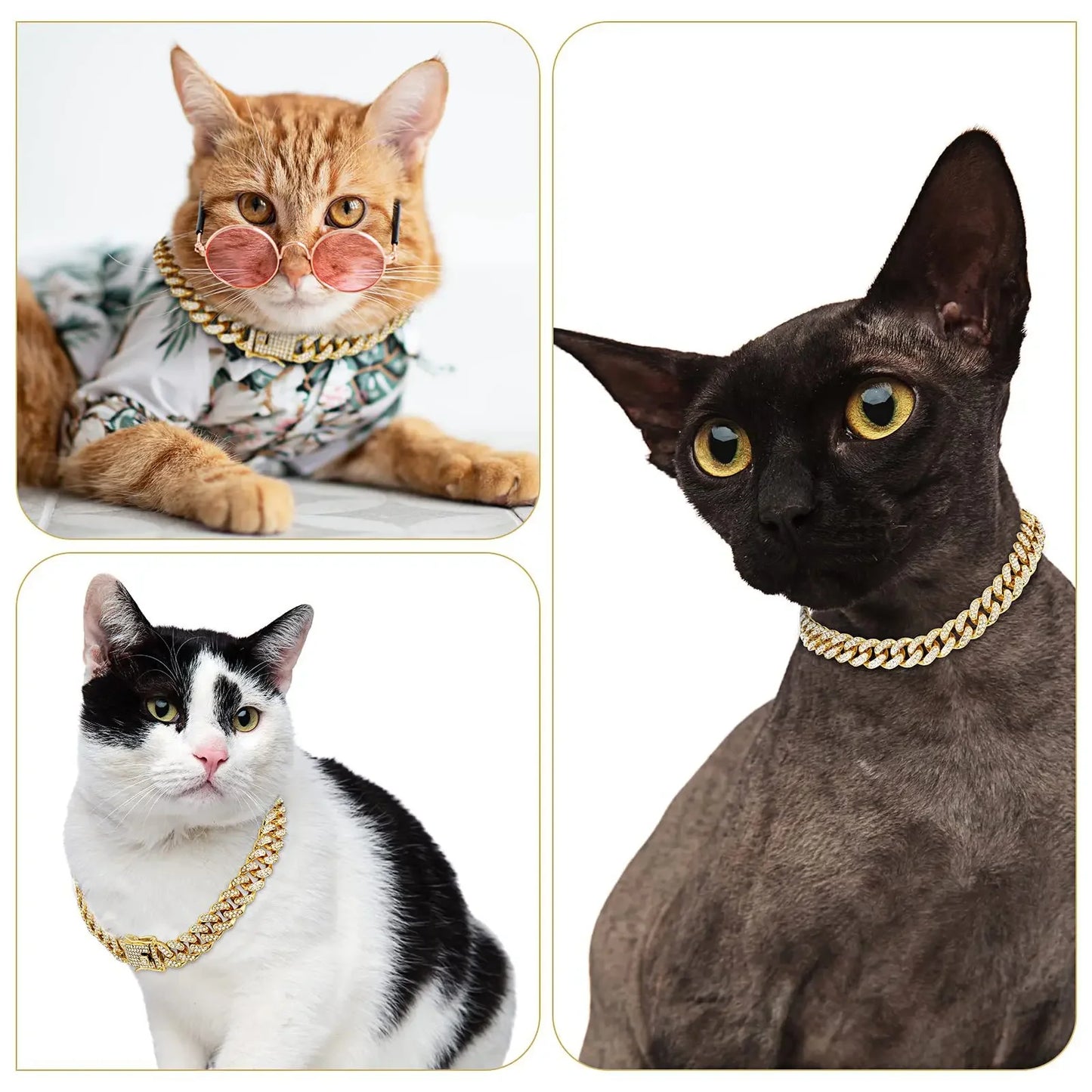 Dog or Cat Chain, Diamond Cuban Collar, Metal Chain Collar with Design Secure Buckle
