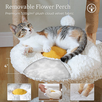 Solid Wood Cat Tree Modern Cat Tower with Spacious Cat Condo,Flower Perches,Fun Pompoms