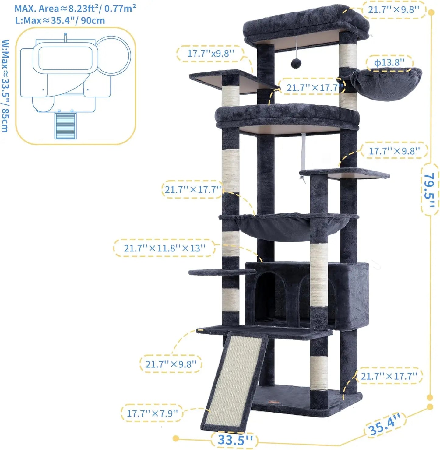 80-Inch Multi-Level Cat Tower for Large Indoor Cats with Spacious Perches, Scratching Board, and Caves