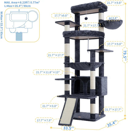 80-Inch Multi-Level Cat Tower for Large Indoor Cats with Spacious Perches, Scratching Board, and Caves