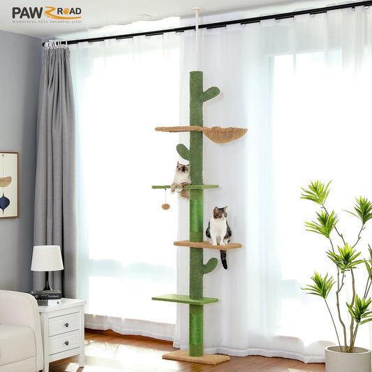 Cat Tree 5-Tier Floor to Ceiling Cat Tower Cactus Tall Climbing Tree with Scratching Post Hammock Dangling Ball