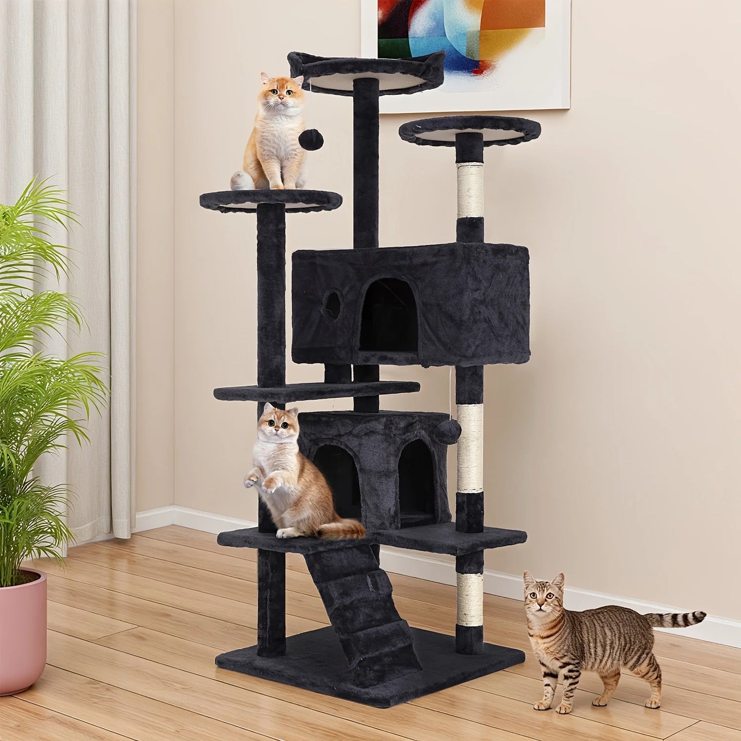 Cat Tree 54/70 Inch Cat Tower Cat Condo with Sisal-Covered Scratching Posts Dangling Ball for Cats to Play and Sleep