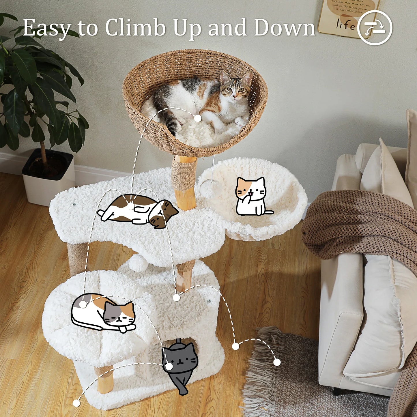 Solid Wood Cat Tree Modern Cat Tower with Spacious Cat Condo,Flower Perches,Fun Pompoms
