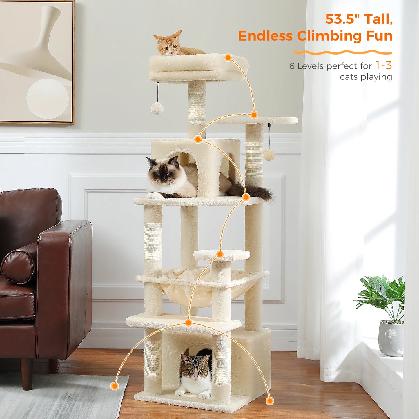 Large Cat Tree and Tower for Indoor Cats With Sisal-Covered Scratching Posts Spacious Hammock Padded Perches and Condos
