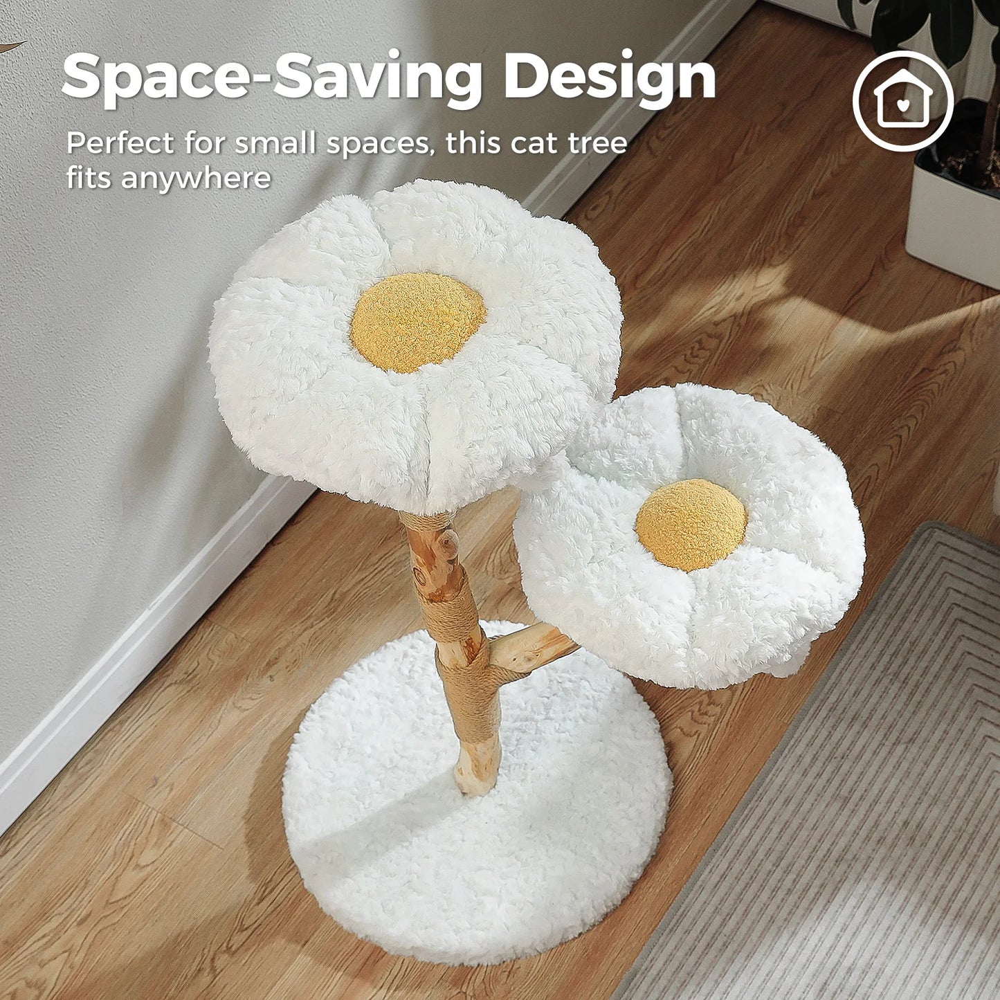 Solid Wood Cat Tree Modern Cat Tower with Spacious Cat Condo,Flower Perches,Fun Pompoms