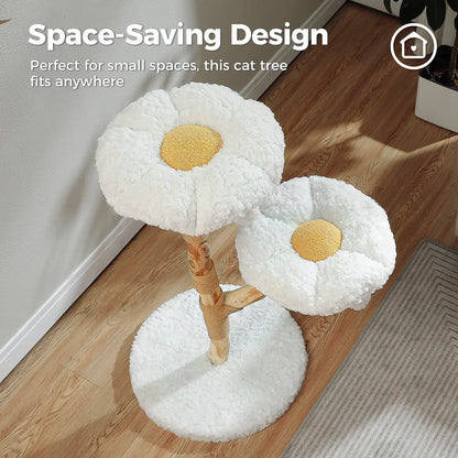 Solid Wood Cat Tree Modern Cat Tower with Spacious Cat Condo,Flower Perches,Fun Pompoms
