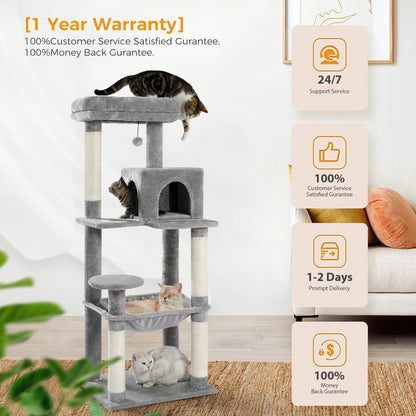 Cat Tree for Indoor Cats 5-Level Cat Tower for Large Cats with Large Hammock Sisal Covered Scratching Posts
