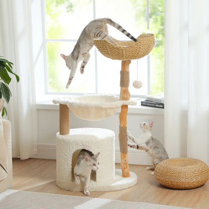 Solid Wood Cat Tree Modern Cat Tower with Spacious Cat Condo,Flower Perches,Fun Pompoms