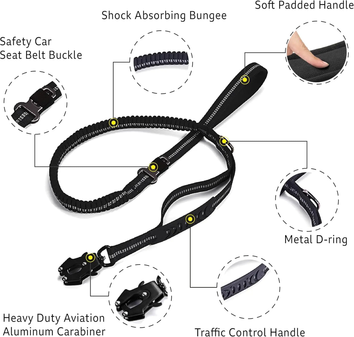 Reflective Shock Absorbing Pet Leashes with Car Seatbelt for Large Dogs, Heavy Duty Tactical Bungee Dog Leash