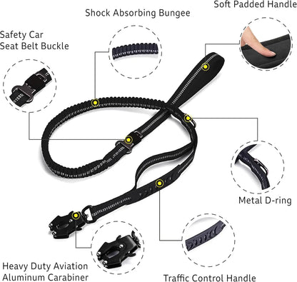 Reflective Shock Absorbing Pet Leashes with Car Seatbelt for Large Dogs, Heavy Duty Tactical Bungee Dog Leash