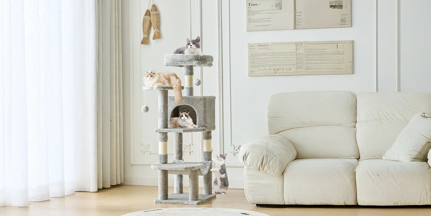 44In Stable Cat Tree Tall Multi-Cat Climbing Tower for Pet Furniture Natural Sisal Scratching Posts