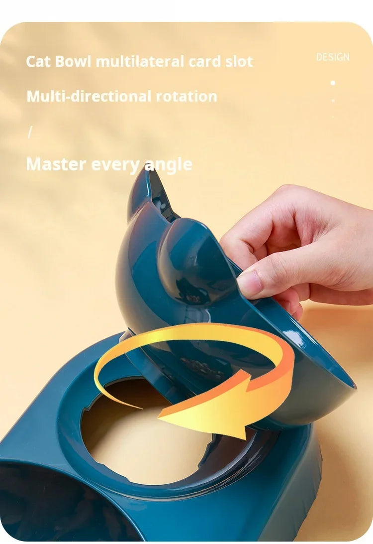 Pet Bowls With Water Feeder, 3 In 1 Ear Design Tilted Cat Water And Food Bowl Set With Gravity Water Bottle